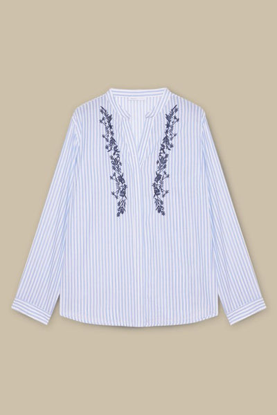 Luisa Viola Striped Shirt with Embroidery in White/Blue Stripe