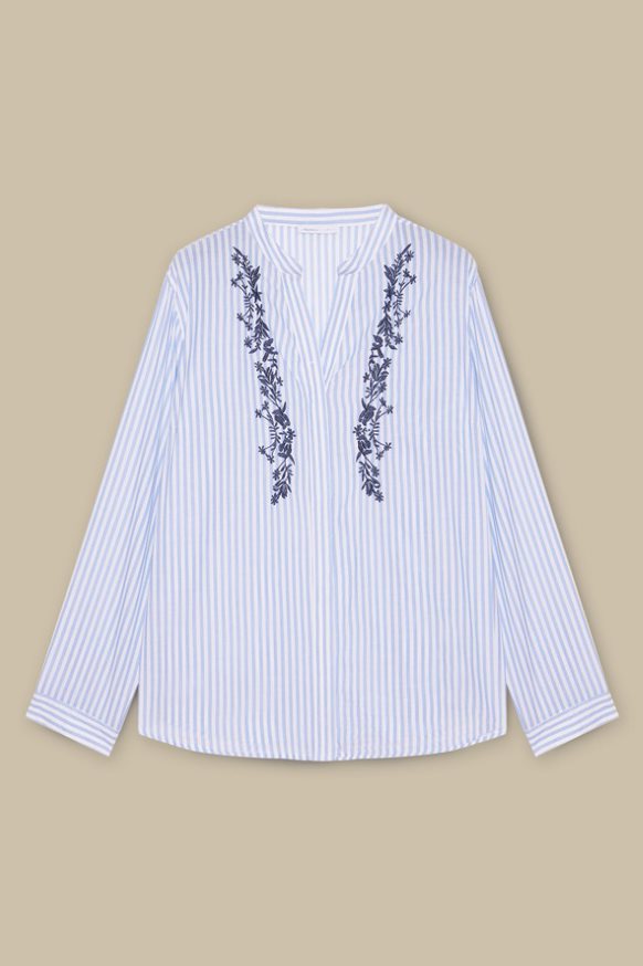 Luisa Viola Striped Shirt with Embroidery in White/Blue Stripe