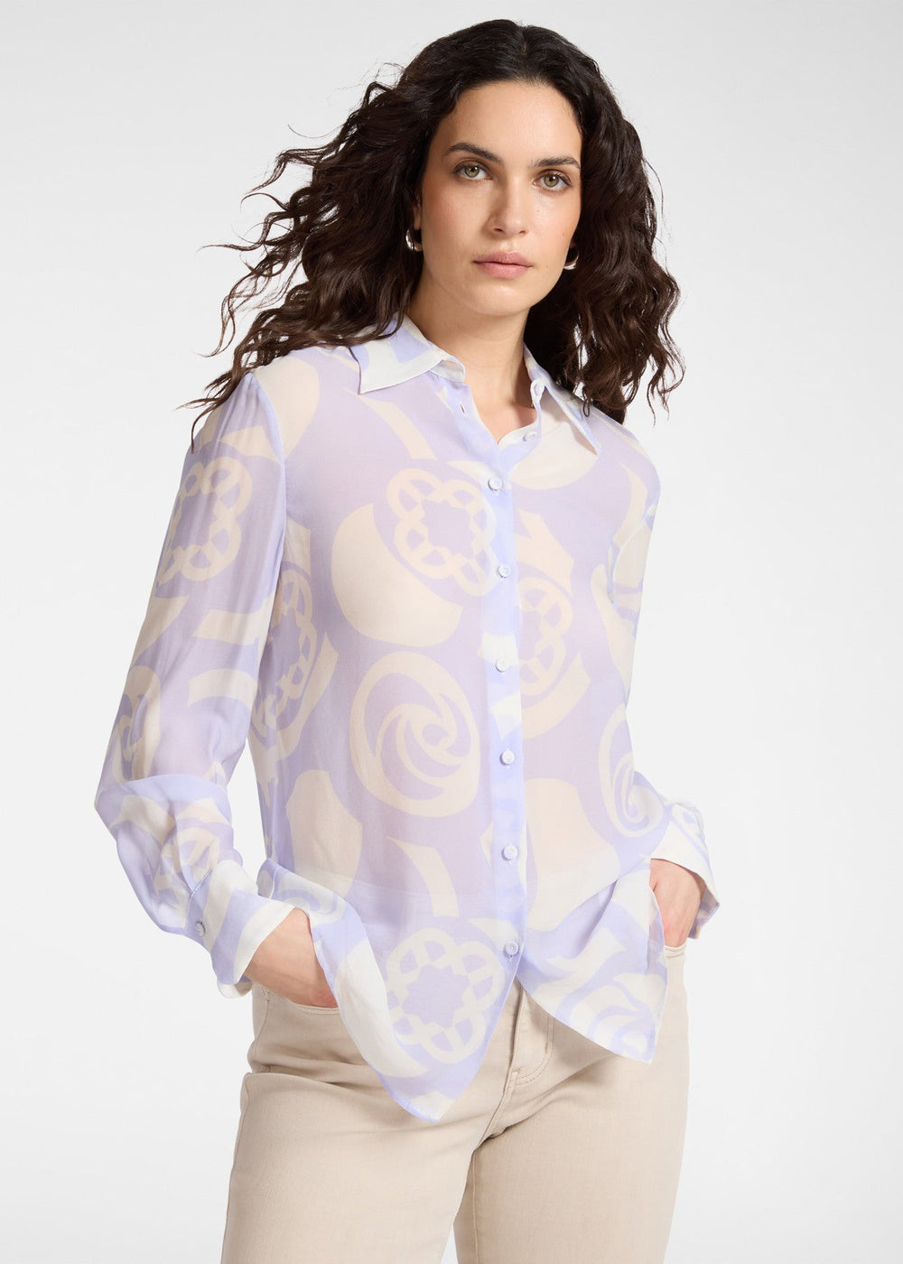 front view of plus size Elena Miro Menswear Inspired Long Sleeve Shirt on Logo Print in Lilac Milk