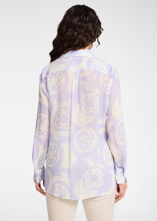 back view of plus size Elena Miro Menswear Inspired Long Sleeve Shirt on Logo Print in Lilac Milk