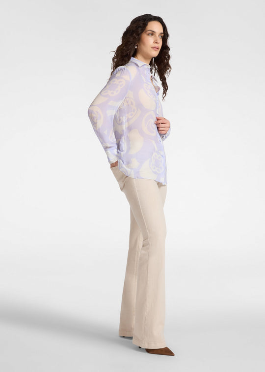 front view of plus size Elena Miro Menswear Inspired Long Sleeve Shirt on Logo Print in Lilac Milk
