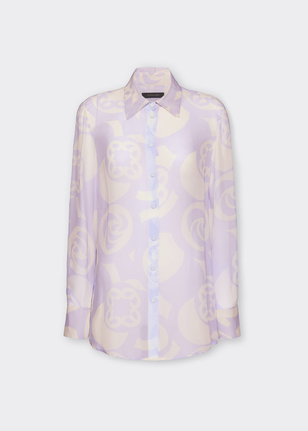 front view of plus size Elena Miro Menswear Inspired Long Sleeve Shirt on Logo Print in Lilac Milk
