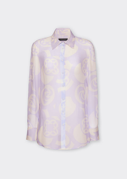 front view of plus size Elena Miro Menswear Inspired Long Sleeve Shirt on Logo Print in Lilac Milk