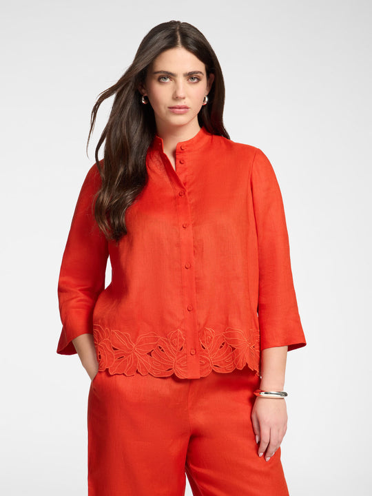 Elena Miro Linen Shirt with Embroidered Hem in Paprika
