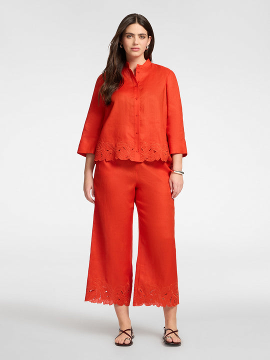 Elena Miro Linen Shirt with Embroidered Hem in Paprika