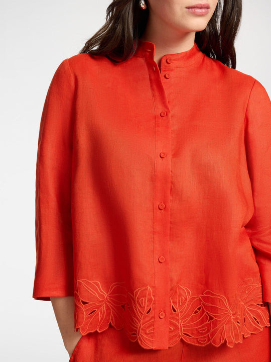 Elena Miro Linen Shirt with Embroidered Hem in Paprika