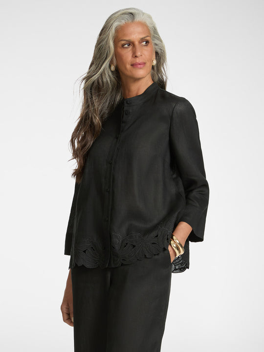 Elena Miro Linen Shirt with Embroidered Hem in Black