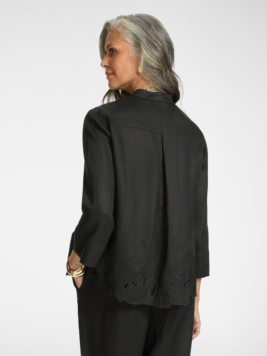 Elena Miro Linen Shirt with Embroidered Hem in Black