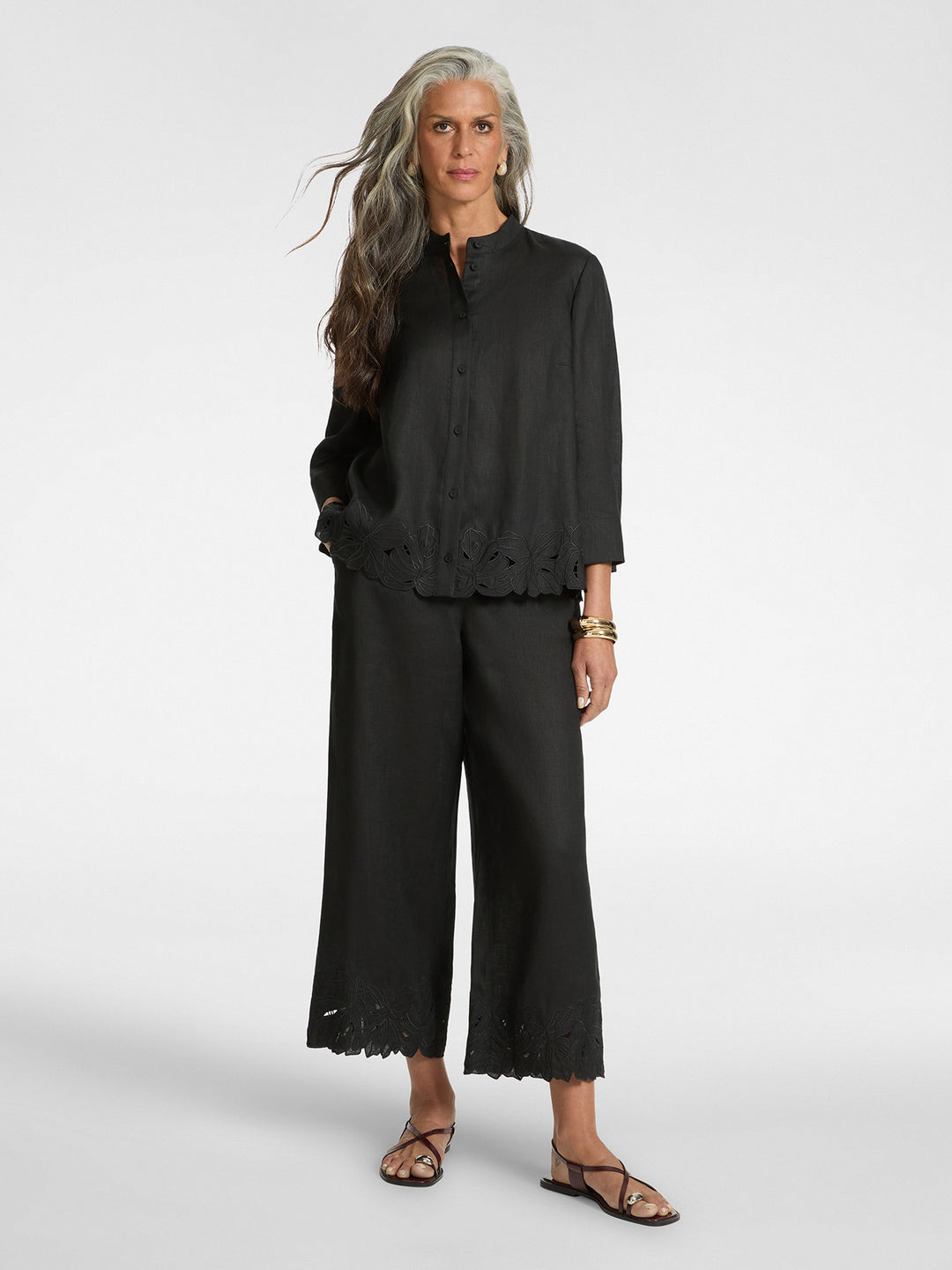 Elena Miro Linen Shirt with Embroidered Hem in Black