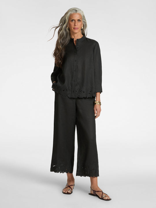 Elena Miro Linen Shirt with Embroidered Hem in Black