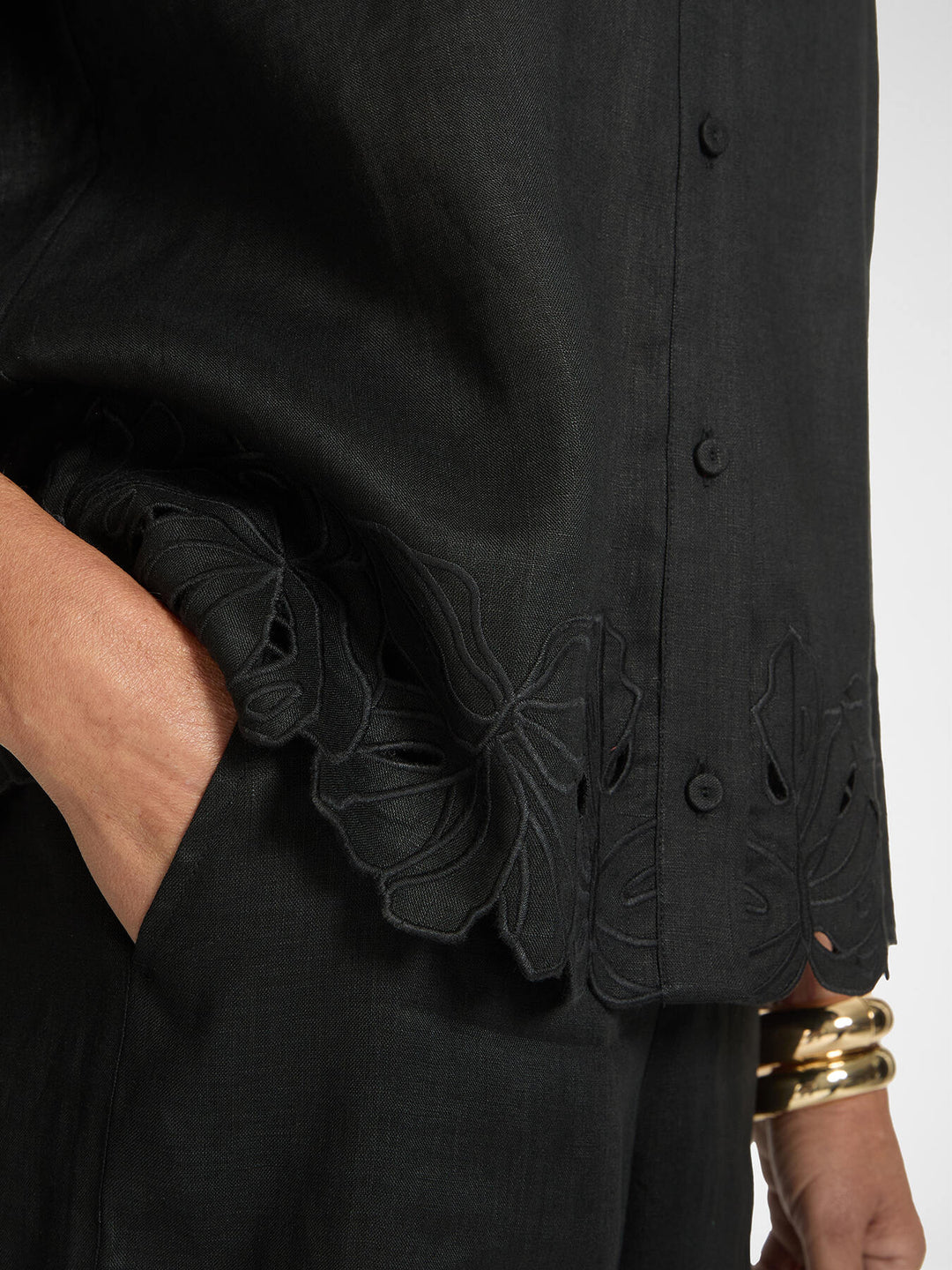 Elena Miro Linen Shirt with Embroidered Hem in Black