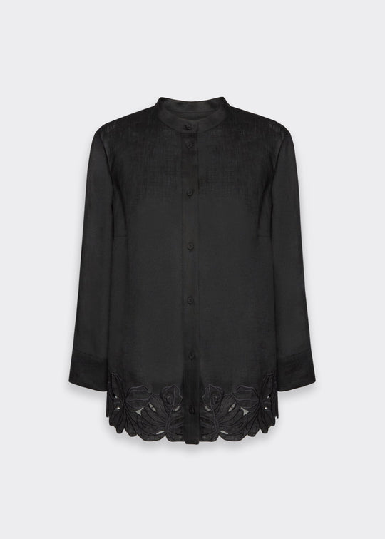 Elena Miro Linen Shirt with Embroidered Hem in Black