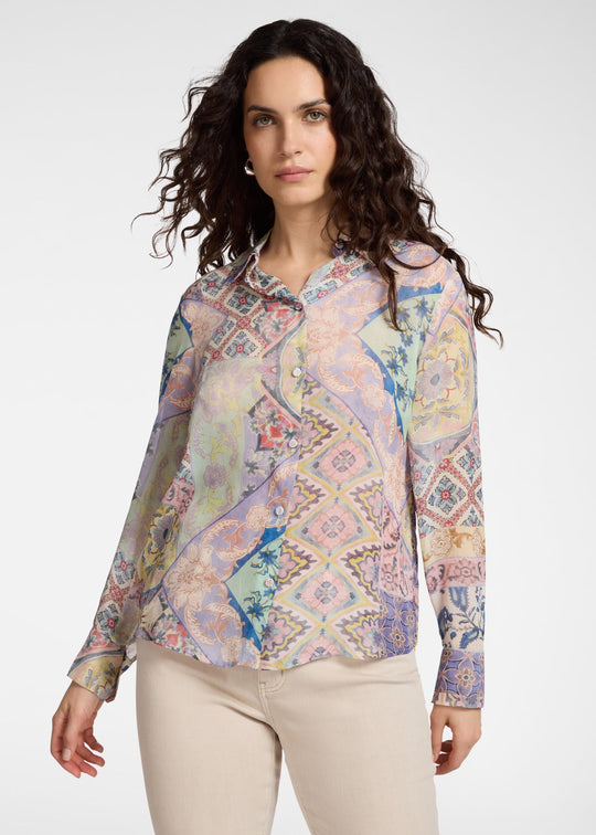 front view of plus size Elena Miro Viscose Georgette Print Long Sleeve Shirt in Foulard Print