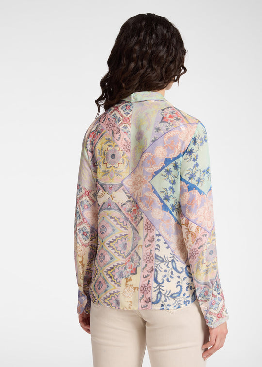 back view of plus size Elena Miro Viscose Georgette Print Long Sleeve Shirt in Foulard Print
