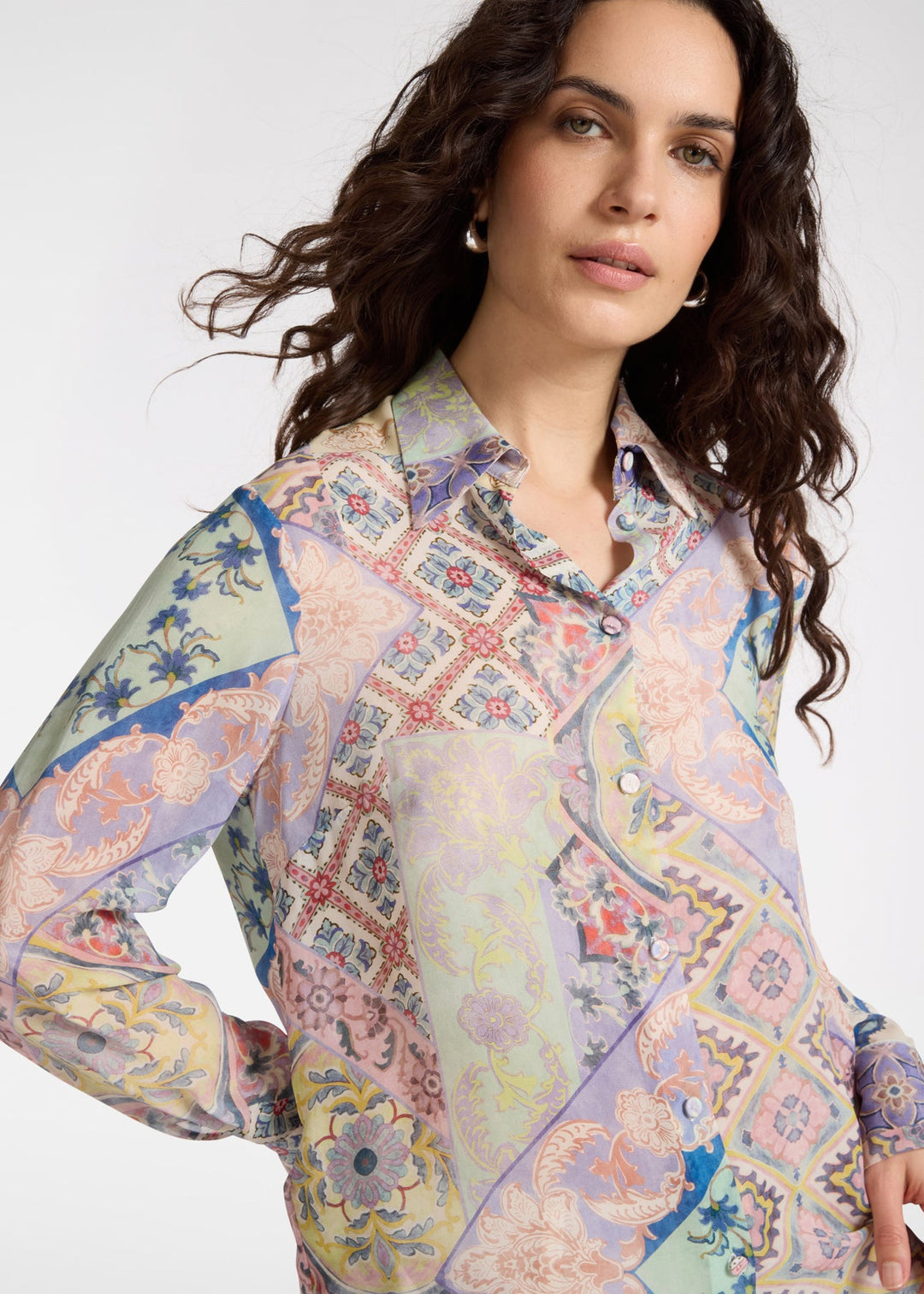 front view of plus size Elena Miro Viscose Georgette Print Long Sleeve Shirt in Foulard Print