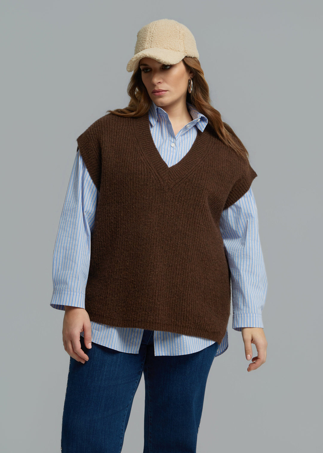 Mat Fashions V-Neck Sweater Knit Vest in Brown