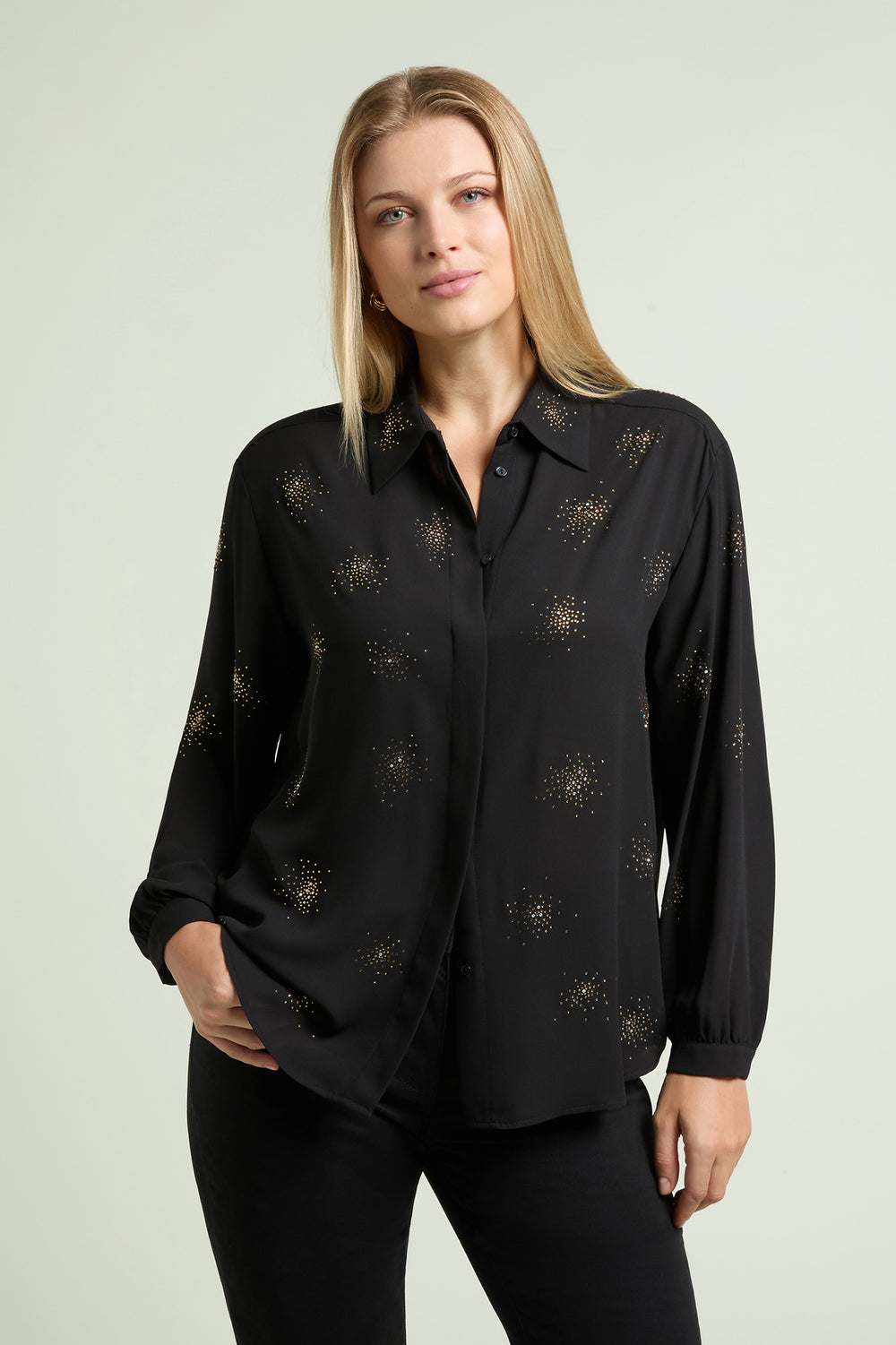 Black long-sleeve blouse with starburst beaded dots, collared front view