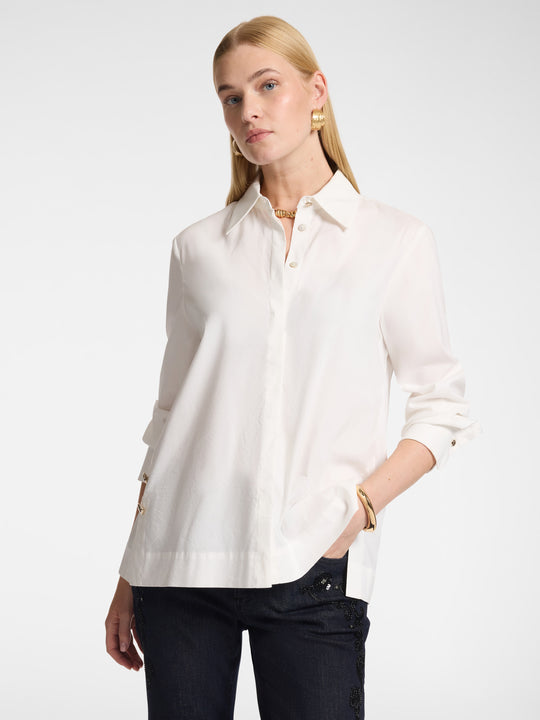 Silk white button-up shirt with point collar and front button placket