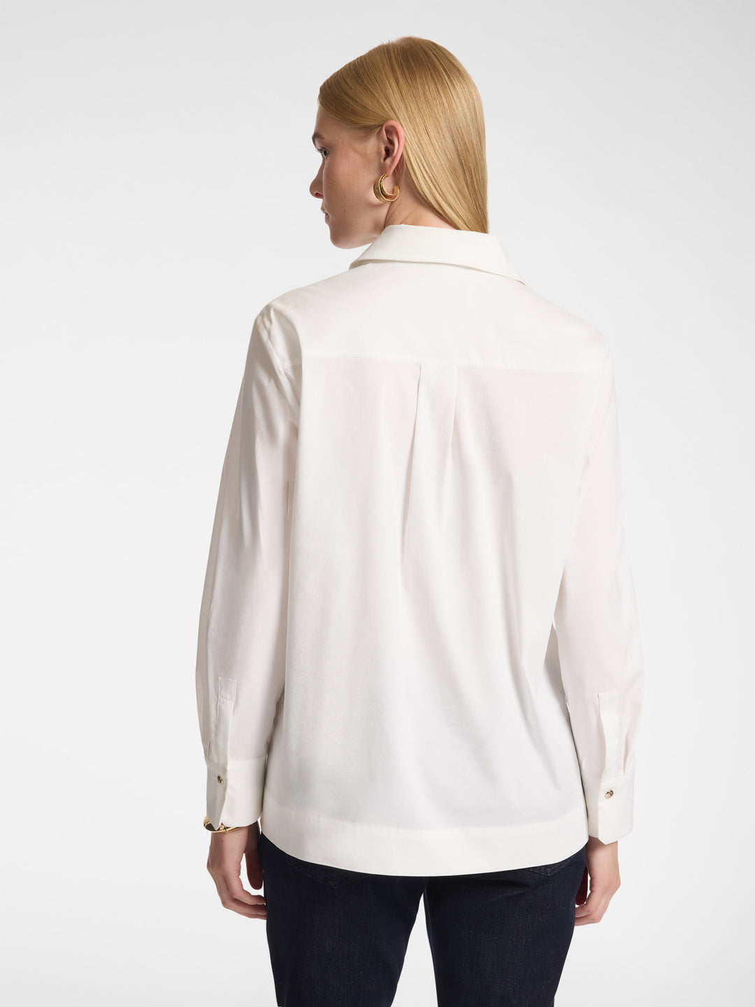 Silk white button-up shirt back view with yoke seam and long sleeves