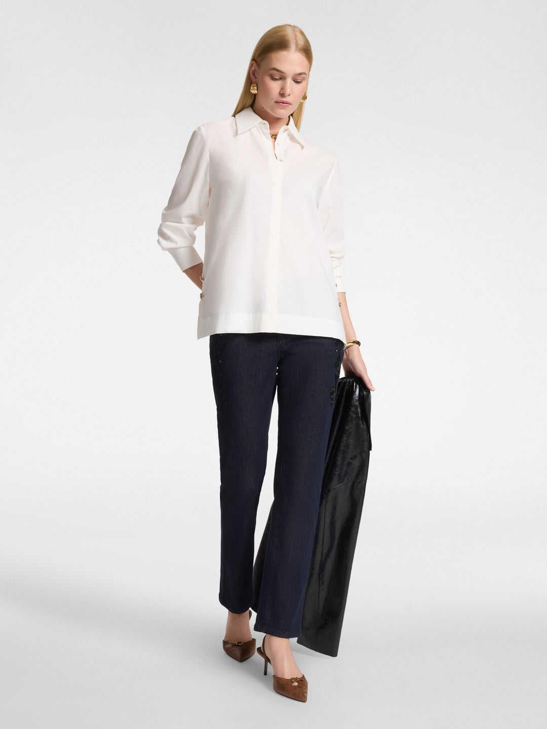 Silk white button-up shirt with point collar and long sleeves