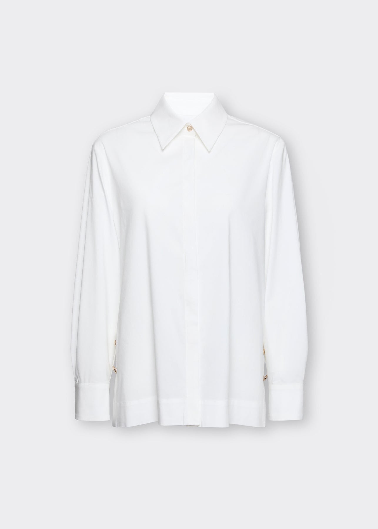 Silk white button-up shirt with point collar and side-slit hem