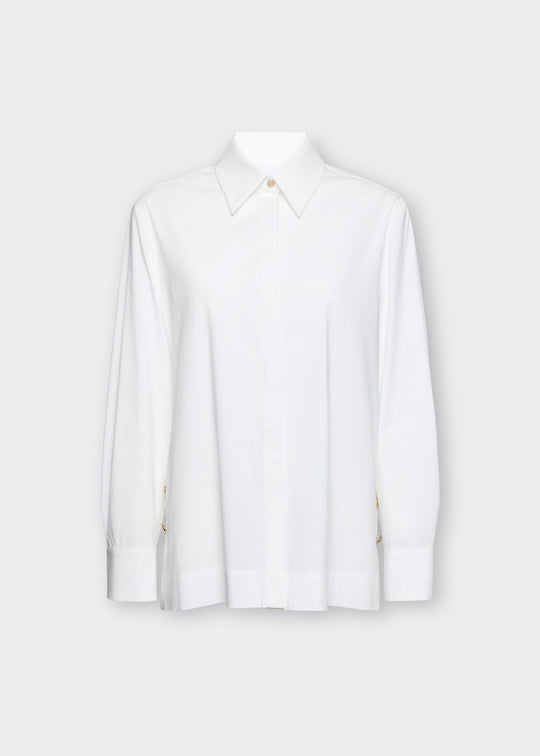 Silk white button-up shirt with point collar and side-slit hem