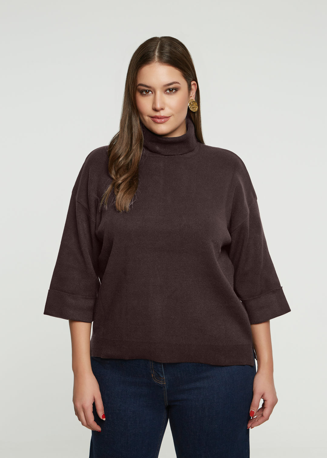 Mat Funnel Neck Sweater With Button Cuff Detail in Wine