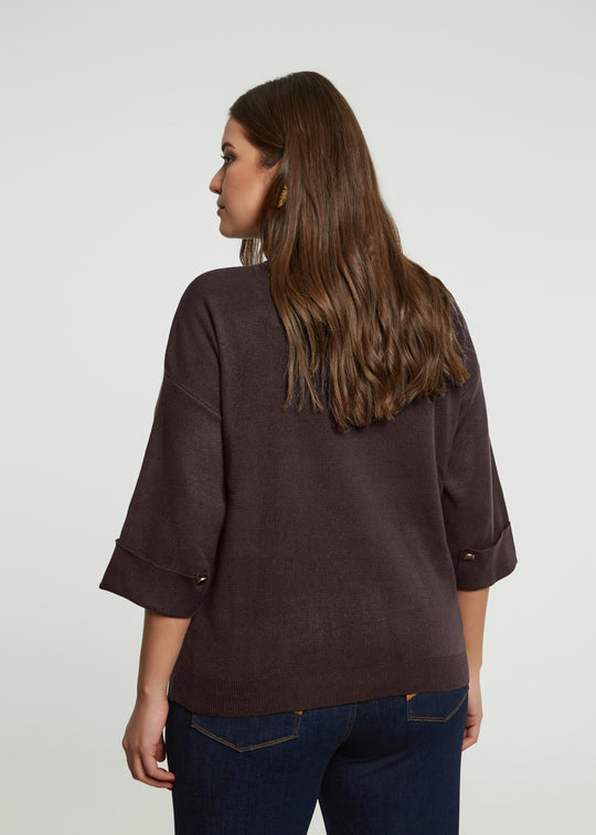Mat Funnel Neck Sweater With Button Cuff Detail in Wine