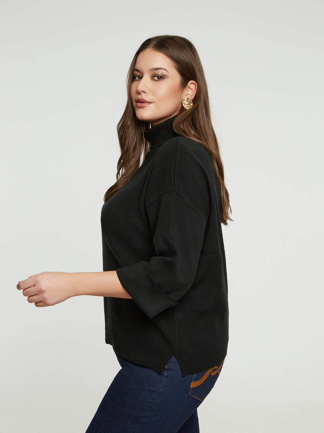 Mat Funnel Neck Sweater With Button Cuff Detail in Black