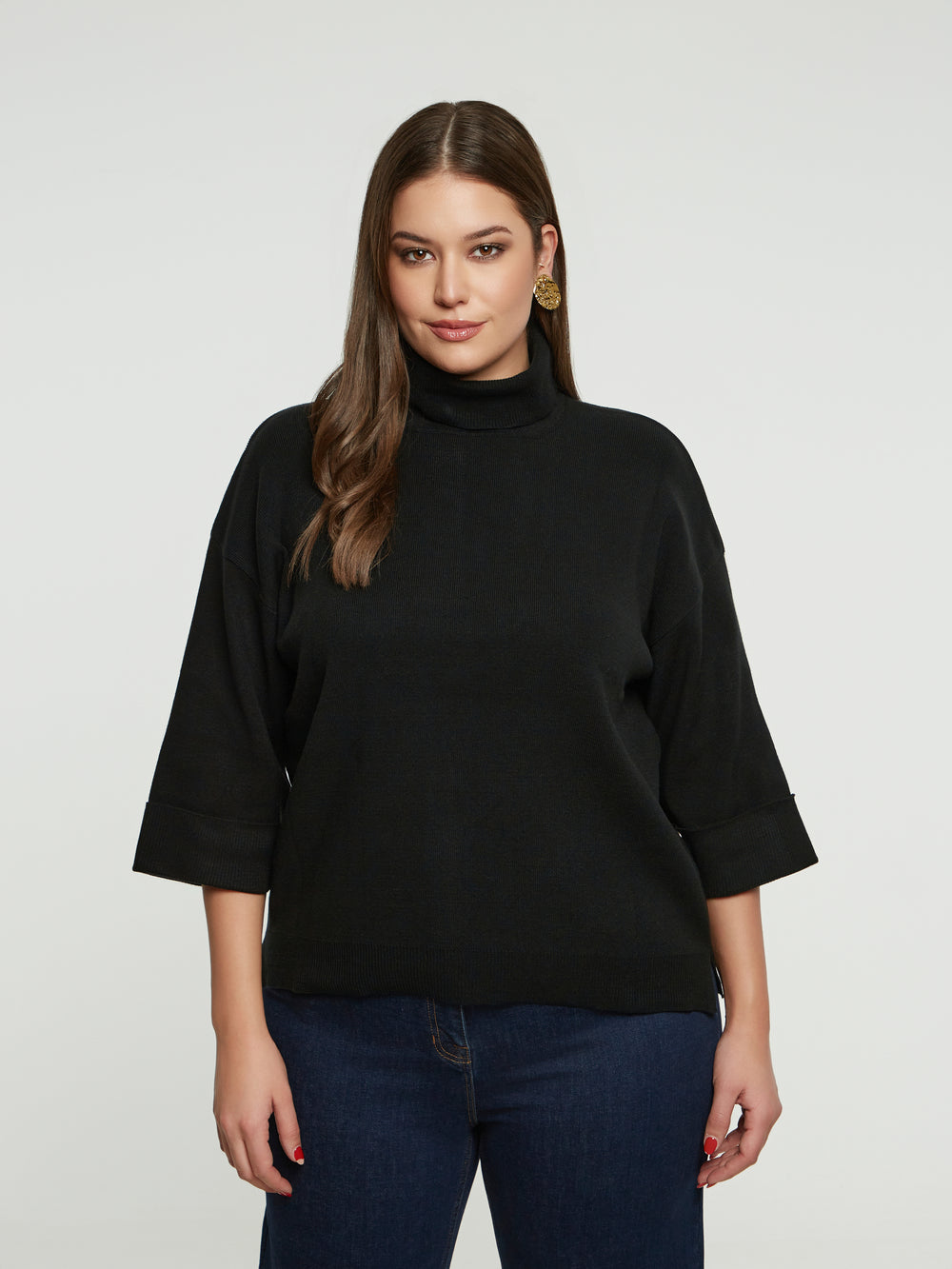 Mat Funnel Neck Sweater With Button Cuff Detail in Black