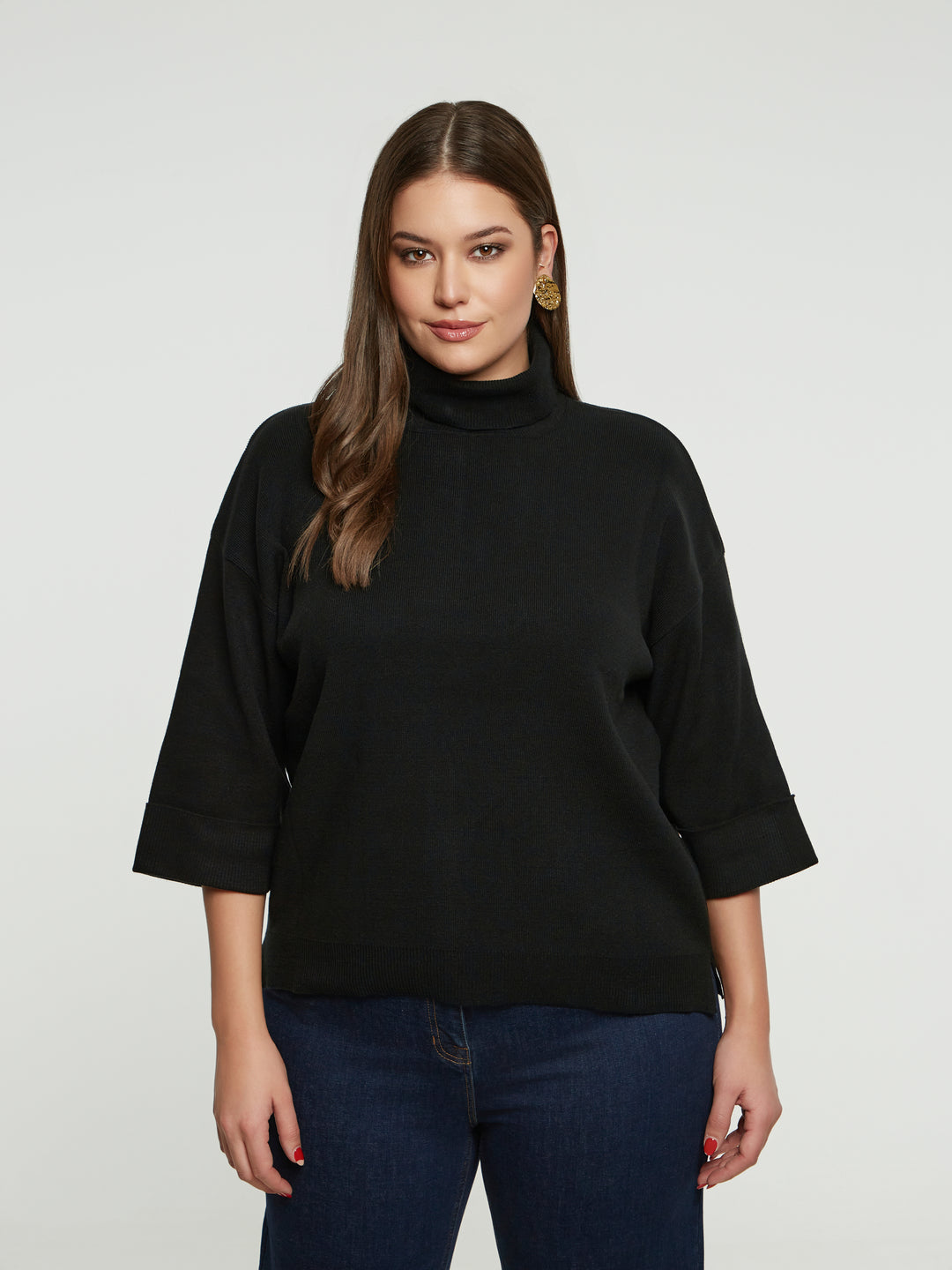 Mat Funnel Neck Sweater With Button Cuff Detail in Black