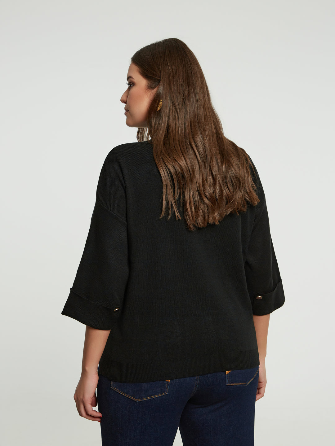Mat Funnel Neck Sweater With Button Cuff Detail in Black