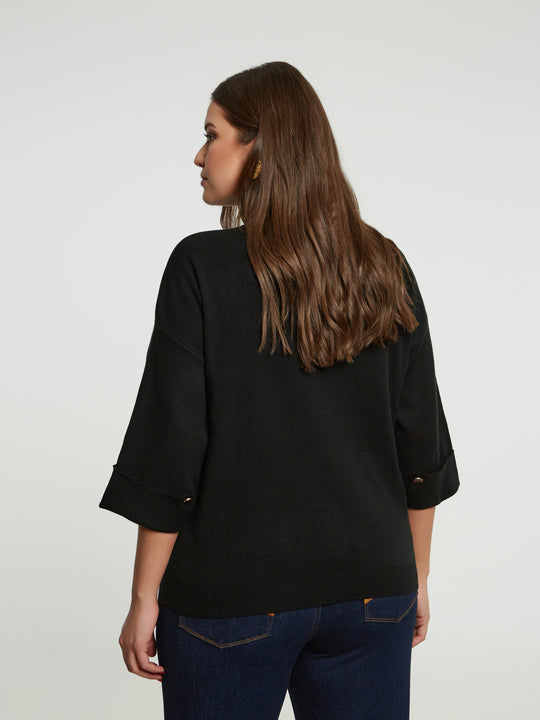 Mat Funnel Neck Sweater With Button Cuff Detail in Black