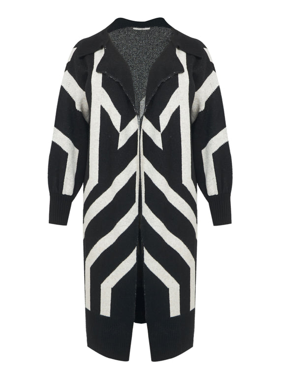 Mat Long Abstract Pattern Knit Cardigan Black/white