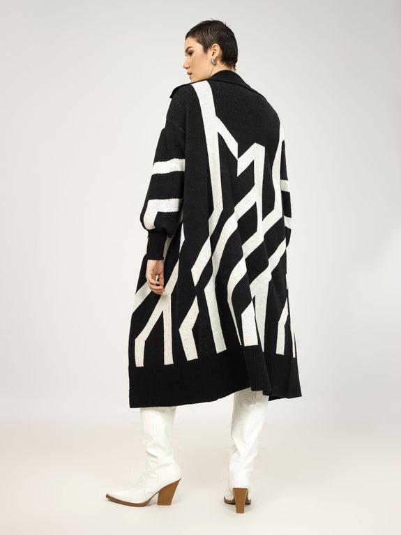 Mat Long Abstract Pattern Knit Cardigan Black/white