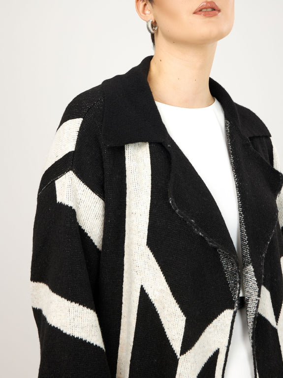 Mat Long Abstract Pattern Knit Cardigan Black/white