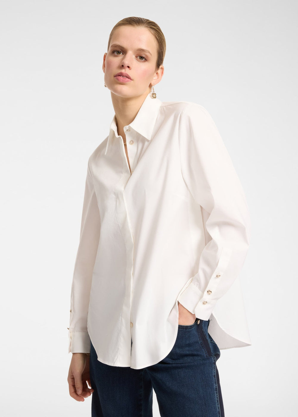 Front view of plus size Elena Miro Oversize Stretch Poplin Shirt in White