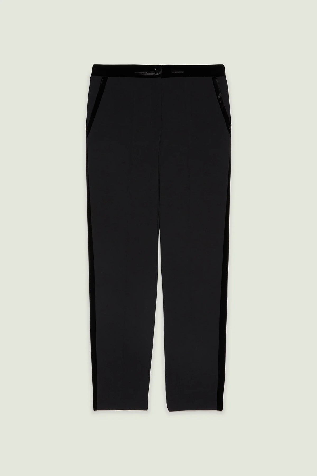 Black crepe tuxedo pants with velvet side stripe