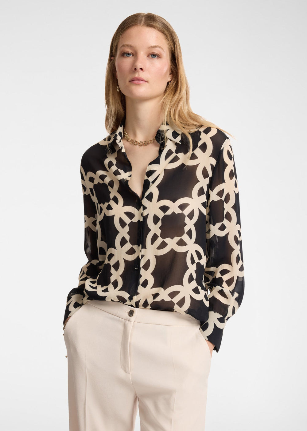Front view of plus size Elena Miro Monogram Print Long Sleeve Shirt in Monogram Black