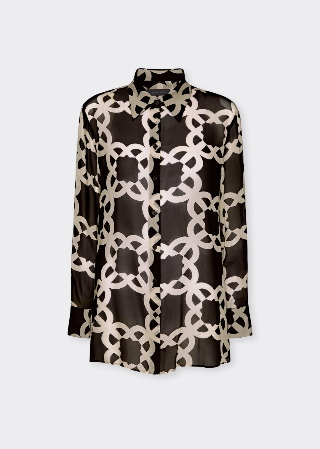 Front view of plus size Elena Miro Monogram Print Long Sleeve Shirt in Monogram Black