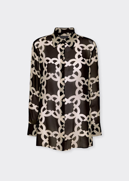 Front view of plus size Elena Miro Monogram Print Long Sleeve Shirt in Monogram Black
