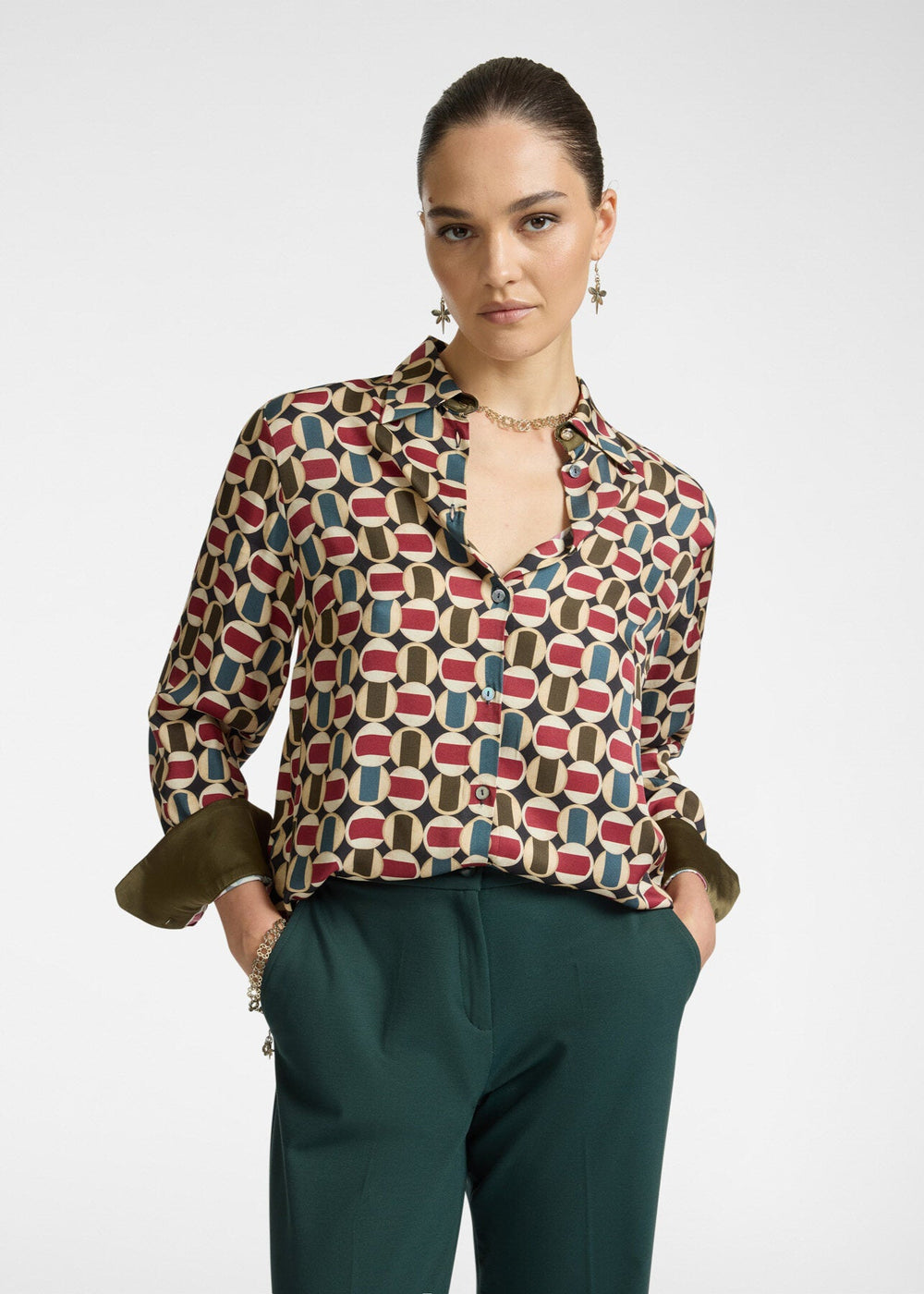 front view of plus size Elena Miro Graphic Print Long Sleeve Shirt in Blue 