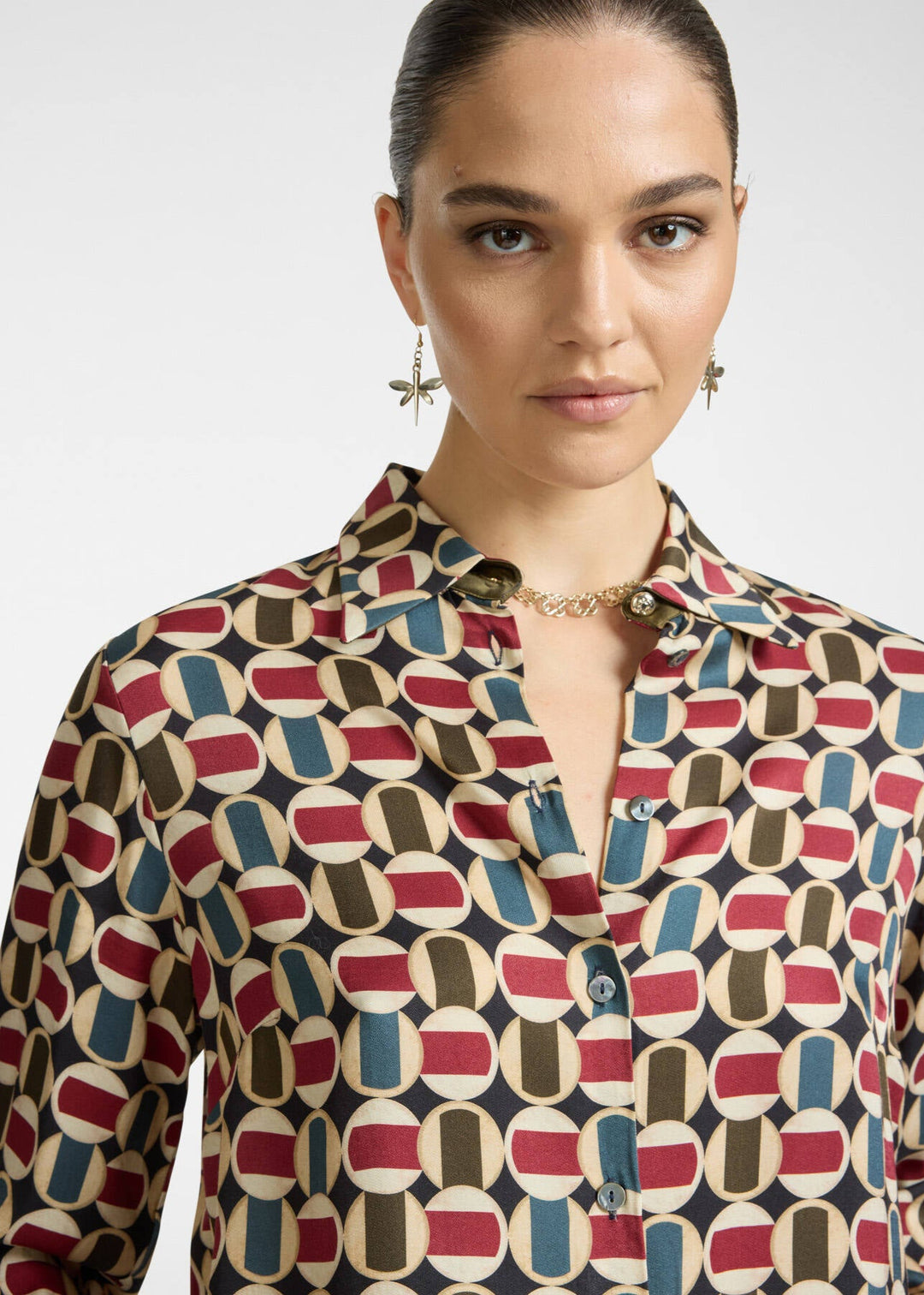 close up front view of plus size Elena Miro Graphic Print Long Sleeve Shirt in Blue 