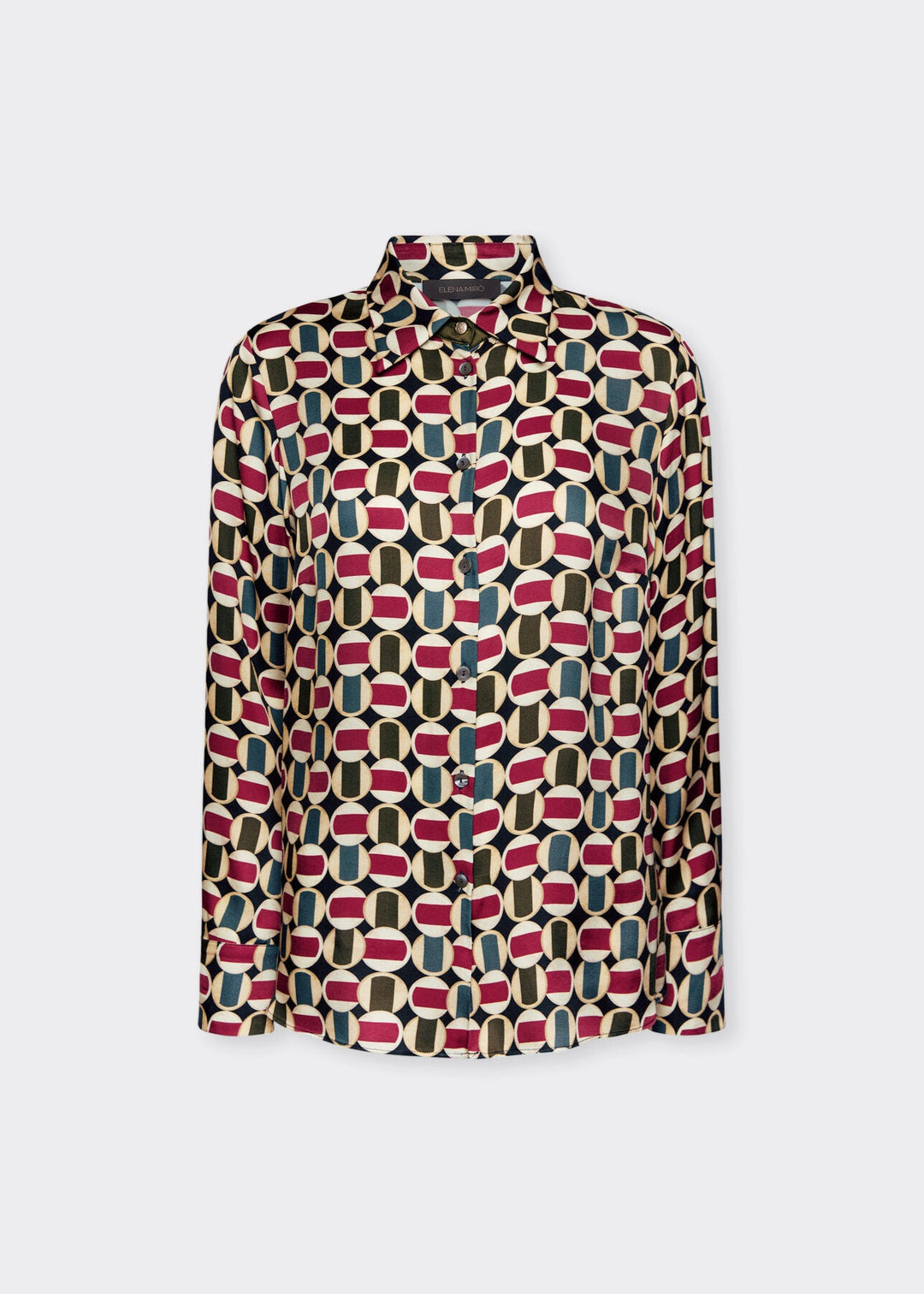 front view of plus size Elena Miro Graphic Print Long Sleeve Shirt in Blue multi