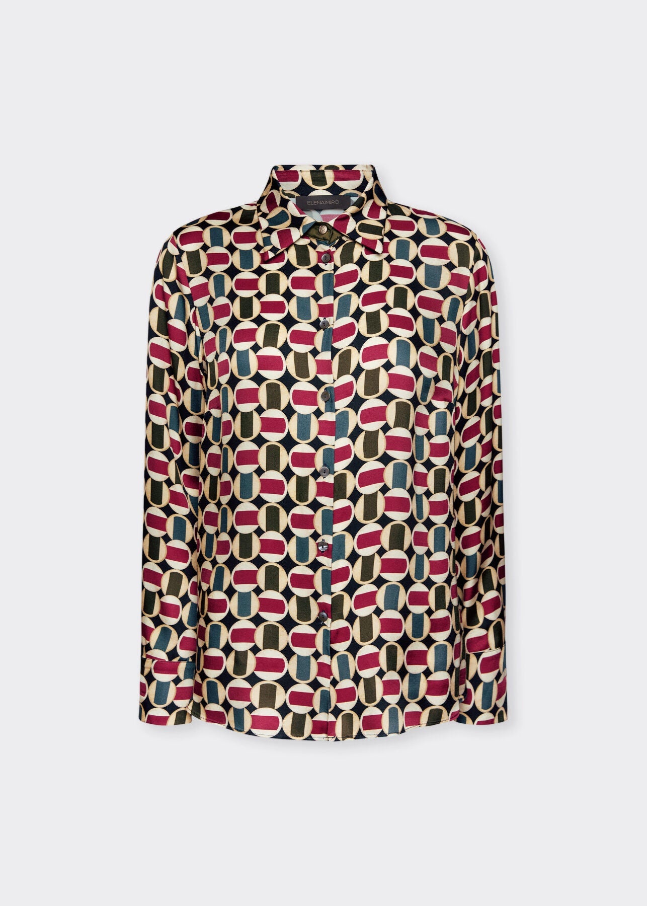 front view of plus size Elena Miro Graphic Print Long Sleeve Shirt in Blue multi