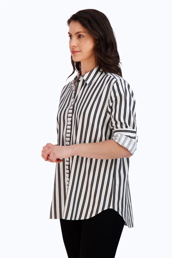 Foxcroft Striped Long Sleeve Boyfriend shirt in Railroad stripe