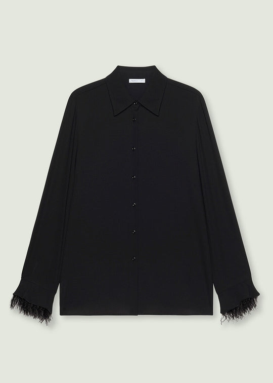 Luisa Viola Long Sleeve Blouse with Detachable Feather Trim in Black