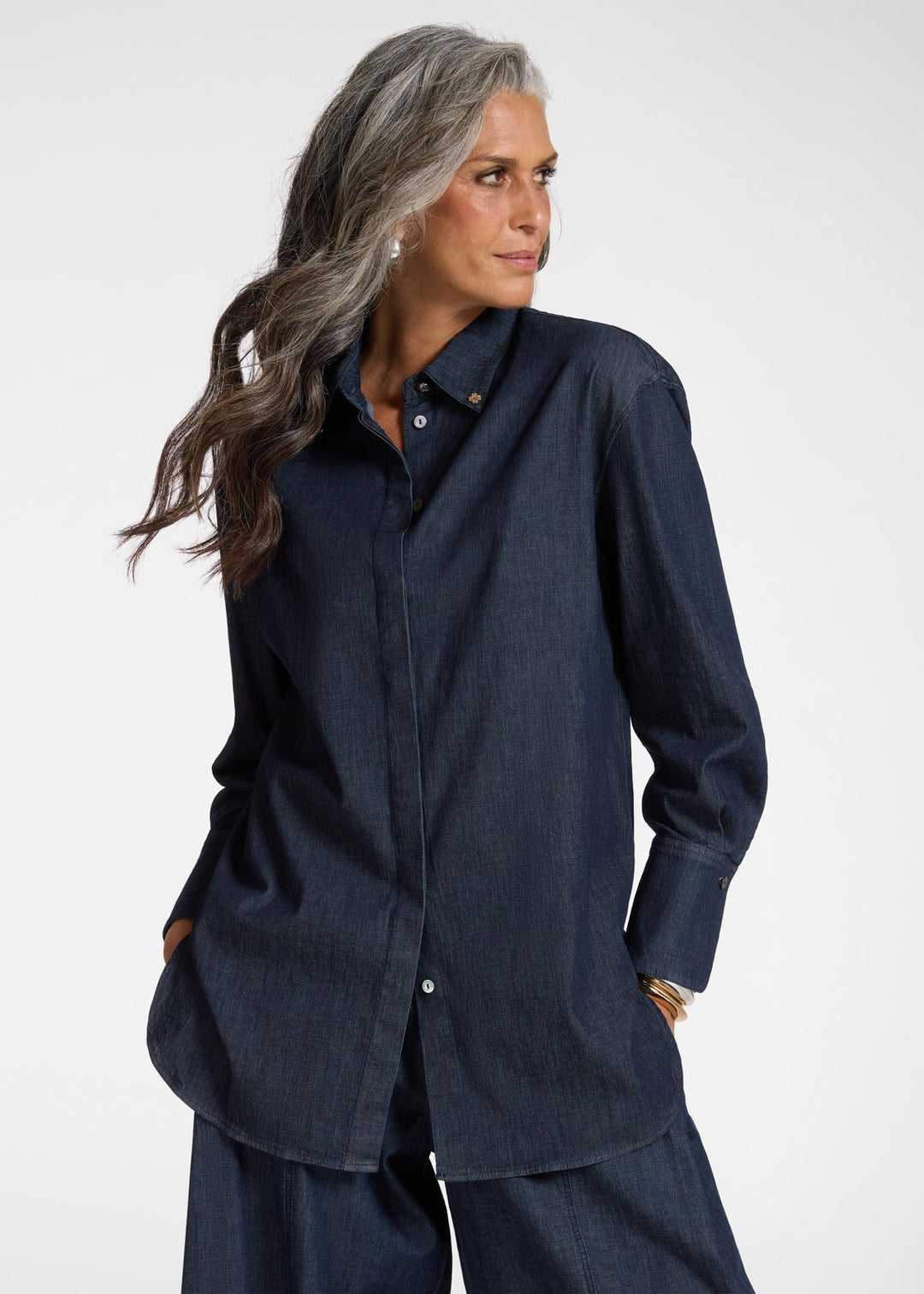 front view of plus size Elena Miro Long Sleeve Chambray Shirt in Blue