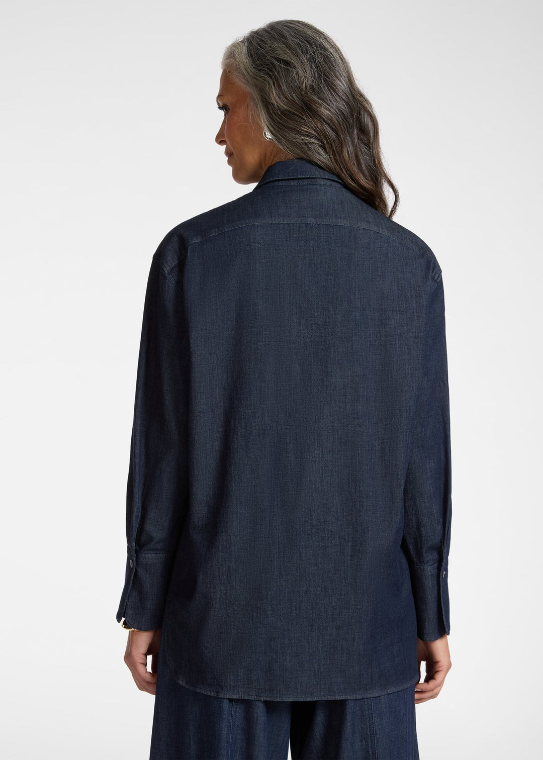 back view of plus size Elena Miro Long Sleeve Chambray Shirt in Blue
