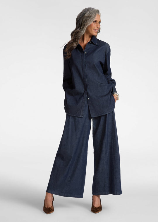 front view of plus size Elena Miro Long Sleeve Chambray Shirt in Blue